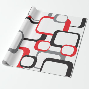 Retro Squares Red Black Grey White Pattern Wrapping Paper
