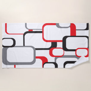 Retro Squares Red Grey Black White Trendy Pattern Beach Towel