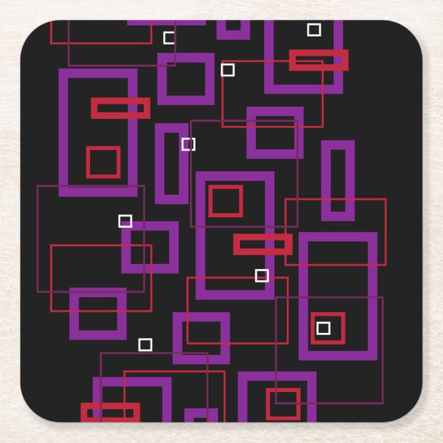 Retro squares, red, purple and black square paper coaster (Front)