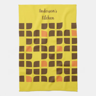 Retro Squares Yellow Brown Custom Family Name Tea Towel