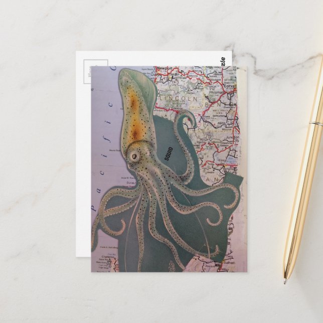 Retro Squid and a Map Section Collage Postcard (Front/Back In Situ)