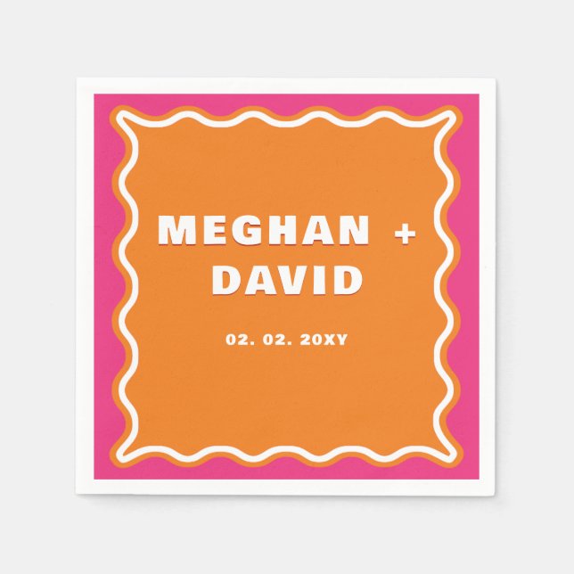 Retro Squiggle Wavy Curve Pink Orange Wedding Napkin (Front)