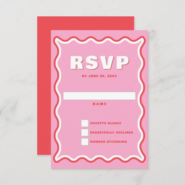 Retro Squiggle Wavy Curve Pink Red Wedding  RSVP Card (Front/Back)