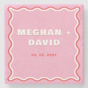 Retro Squiggle Wavy Curve Pink Red Wedding   Stone Coaster