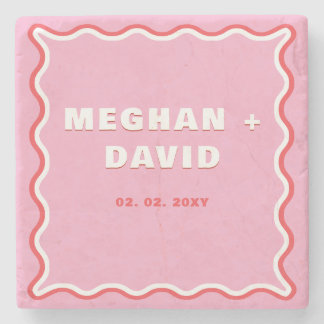 Retro Squiggle Wavy Curve Pink Red Wedding   Stone Coaster