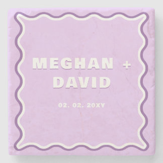 Retro Squiggle Wavy Curve Purple Wedding Stone Coaster