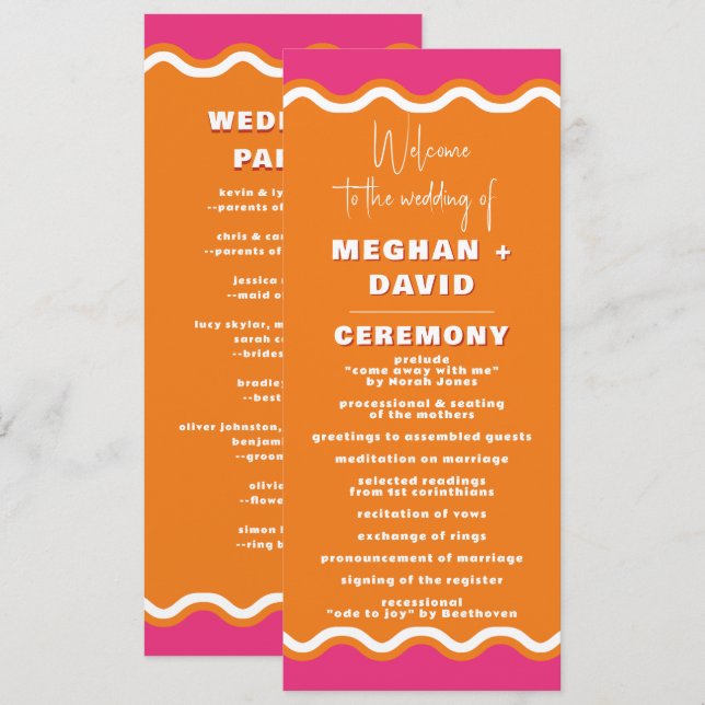 Retro Squiggle Wavy Pink Orange Wedding  Program (Front/Back)