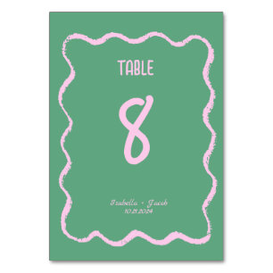 Retro Squiggle Whimsical Pink and Green Wedding  Table Number