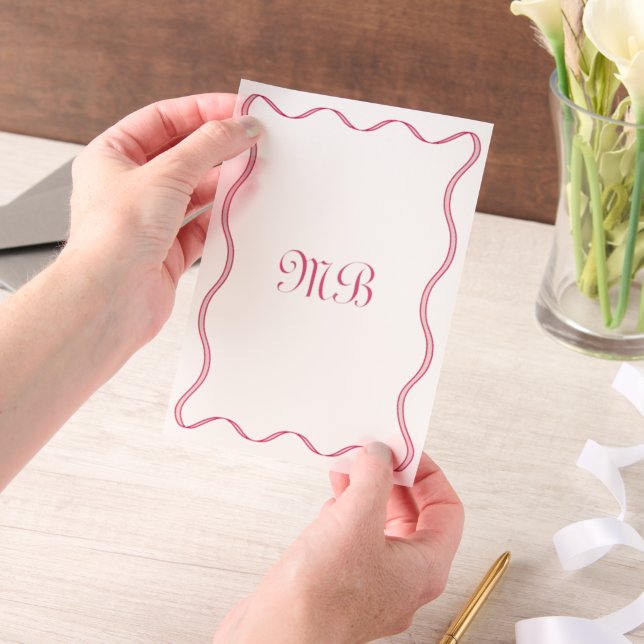Retro Squiggly Pink Borders Monogrammed Wedding Vellum Invitations (Handheld)