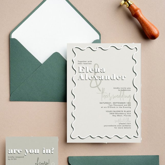 Retro Squiggly Wavy Green Taupe Wedding Invitation (Creator Uploaded)