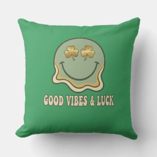 Retro St. Patrick's Day Good Vibes & Luck Smiley Cushion