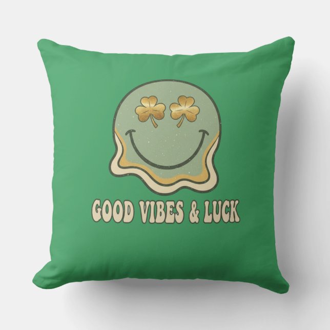 Retro St. Patrick's Day Good Vibes & Luck Smiley  Cushion (Front)