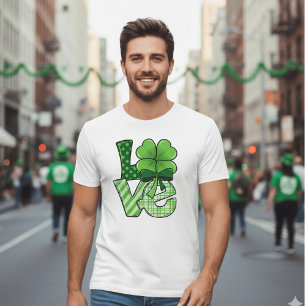 Retro St Patrick's Day Love Clover Green Plaid T-Shirt