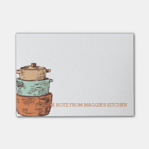 retro stacked cooking pots pans chef catering post-it notes