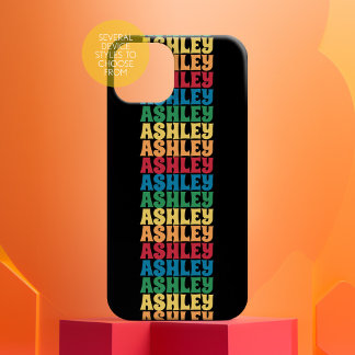 Retro Stacked Name Pattern Rainbow Colours 70s iPhone 16 Case
