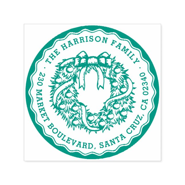 Retro Stamp Christmas Wreath Round Return Address (Design)