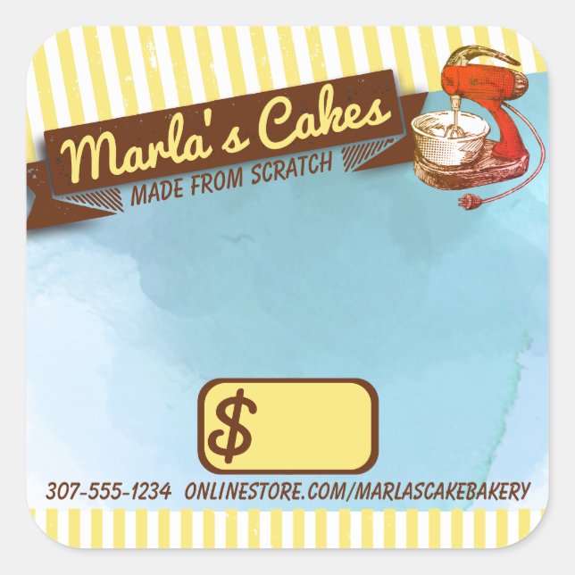 Retro stand mixer cakes baking bakery price square square sticker (Front)