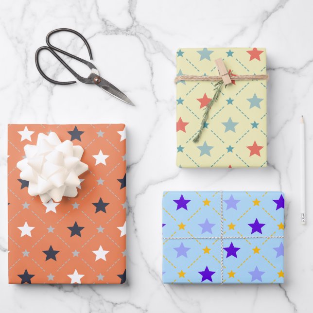 Retro Star Dot Line Geometric Pattern Wrapping Paper Sheet (Front)