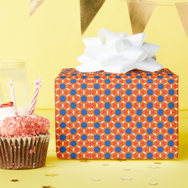 Retro Star Round Flower Orange Blue Wrapping Paper (Birthday Party)