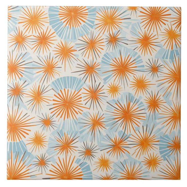 Retro Starburst blue, orange Ceramic Tile (Front)