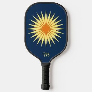 Retro Starburst Flower Monogram Navy Yellow Orange Pickleball Paddle