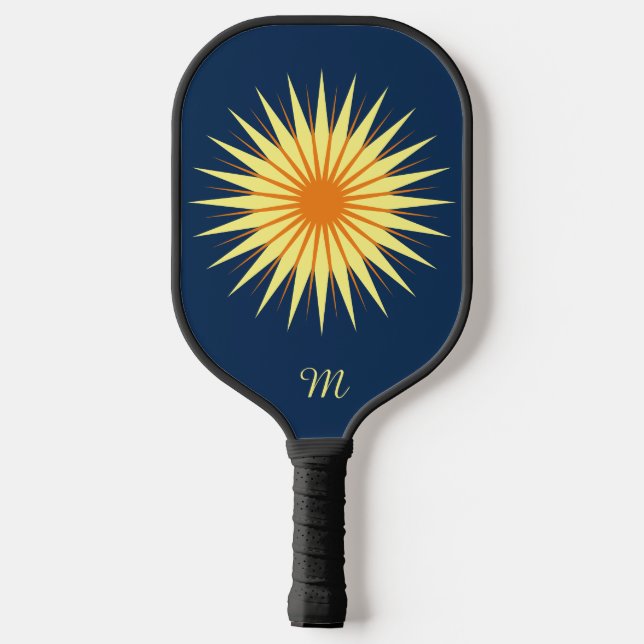 Retro Starburst Flower Monogram Navy Yellow Orange Pickleball Paddle (Back)