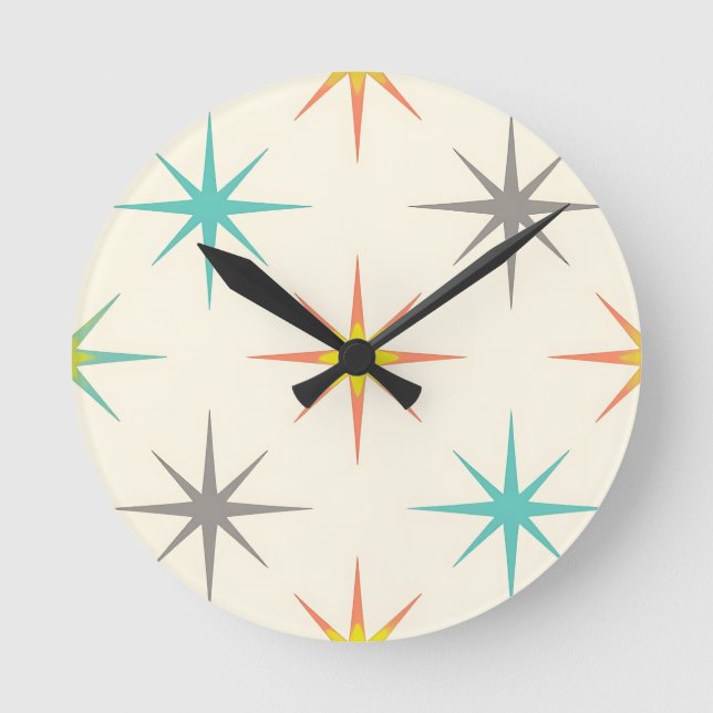 Retro Starburst Mid-Century Pattern Round Clock (Front)