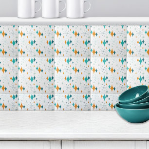 Retro Starburst Stars Pattern Orange Teal Aqua Ceramic Tile