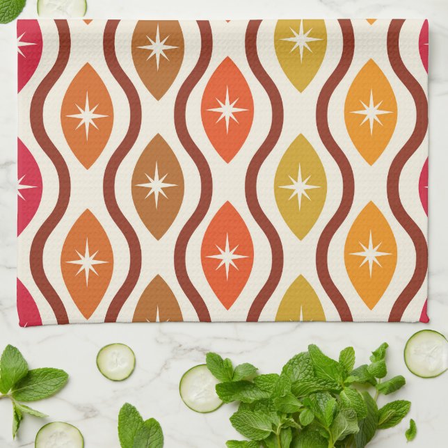 Retro Starbursts on Colourful ogee ovals pattern  Tea Towel (Folded)