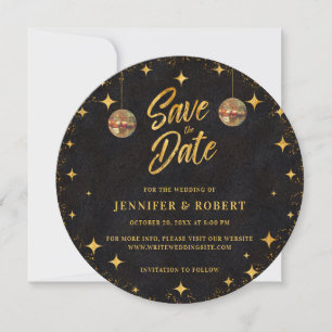 Retro Stars Black Gold Glitter Disco Ball Wedding Save The Date