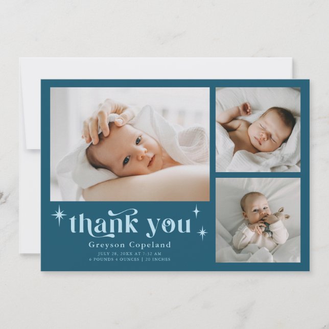 Retro Stars Boy Teal Birth Announcement Card  (Front)
