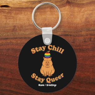 Retro Stay Chill Stay Queer Capybara Rainbow Zen  Key Ring