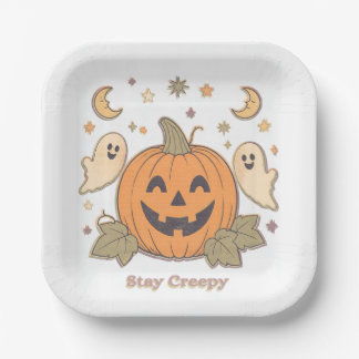 Retro Stay Creepy Pumpkin & Cute Ghosts Halloween Paper Plate