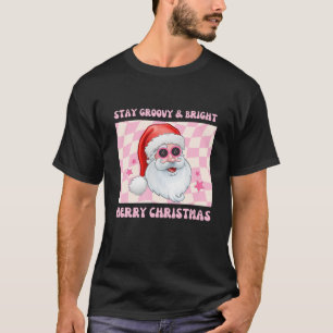 Retro Stay Groovy Bright Christmas Cute Santa Pink T-Shirt