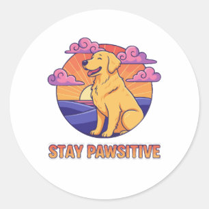 Retro Stay Pawsitive Golden Retriever Sunset Classic Round Sticker