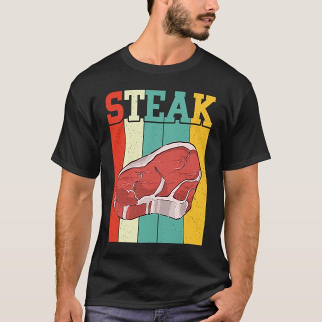 Retro Steak Raw Steak Meat Food Beef Cow Grilling T-Shirt (Front)