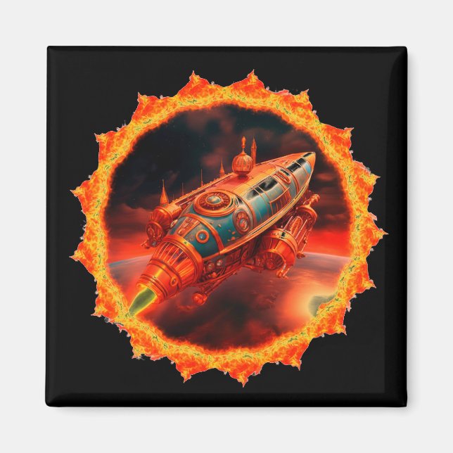 Retro Steampunk Moon Rocket Magnet (Front)