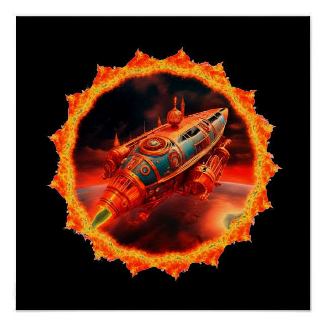 Retro Steampunk Moon Rocket Poster (Front)
