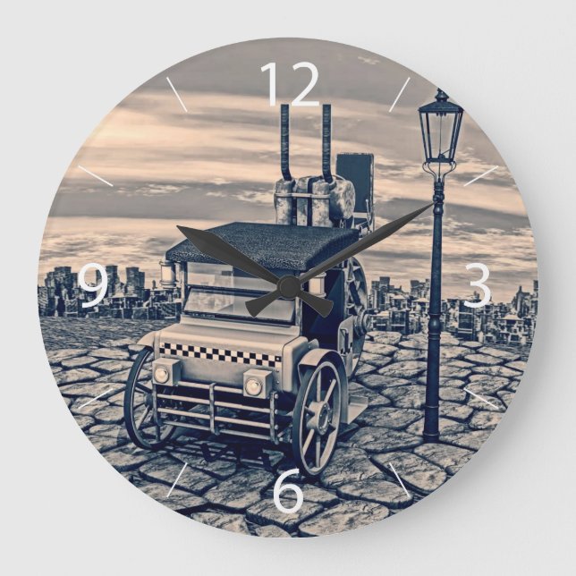 Retro Steampunk Taxi Cab City Art Large Clock (Front)