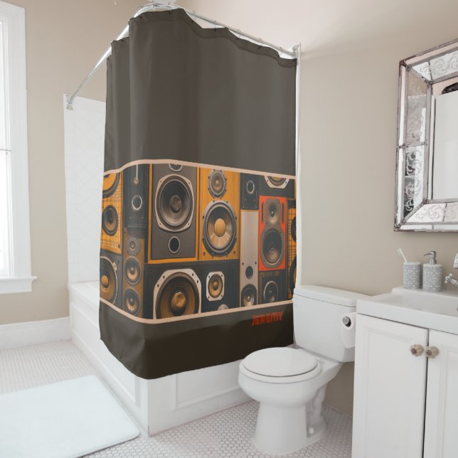  Retro Stereo Speakers Shower Curtain (In Situ)