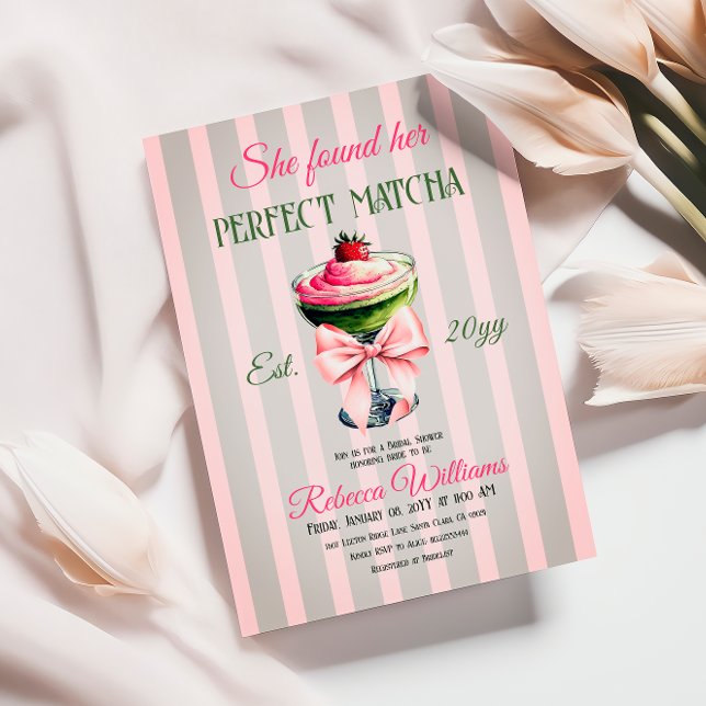 Retro Strawb Perfect Matcha Pink Bow Bridal Shower Invitation (Creator Uploaded)
