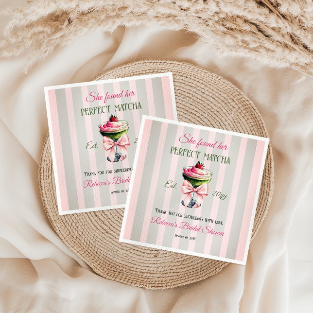 Retro Strawb Perfect Matcha Pink Bow Bridal Shower Napkin (Creator Uploaded)