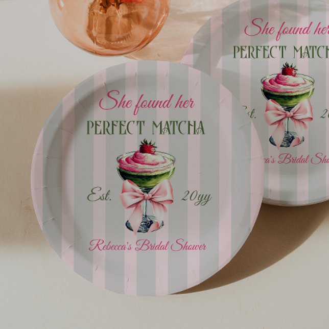 Retro Strawb Perfect Matcha Pink Bow Bridal Shower Paper Plate (Creator Uploaded)
