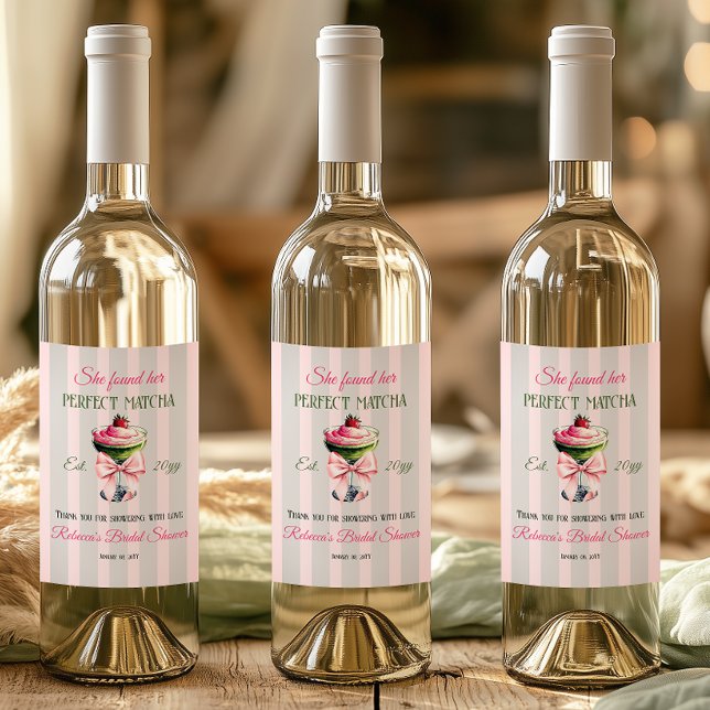 Retro Strawb Perfect Matcha Pink Bow Bridal Shower Wine Label (Creator Uploaded)
