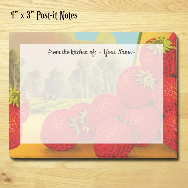 Retro Strawberries Crate Art Editable  Post-it Notes (Retro Strawberry Farm Custom Post-it Notes)