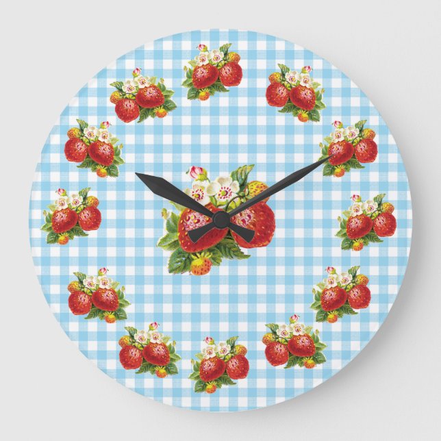 Retro Strawberries Large Clock (Front)