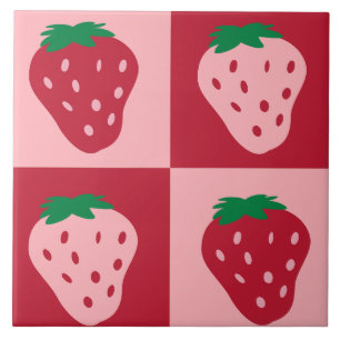 Retro Strawberry Chequerboard Pattern Ceramic Tile