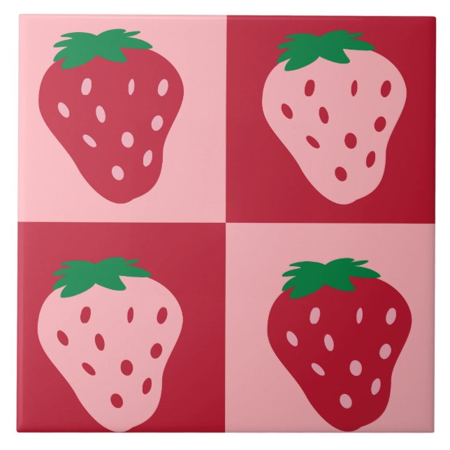 Retro Strawberry Chequerboard Pattern Ceramic Tile (Front)