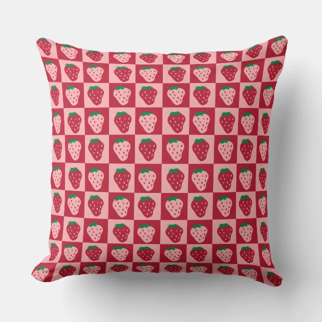 Retro Strawberry Chequerboard Pattern Cushion (Front)
