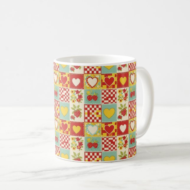 Retro Strawberry Patchwork Floral Pattern Coffee Mug (Front Right)
